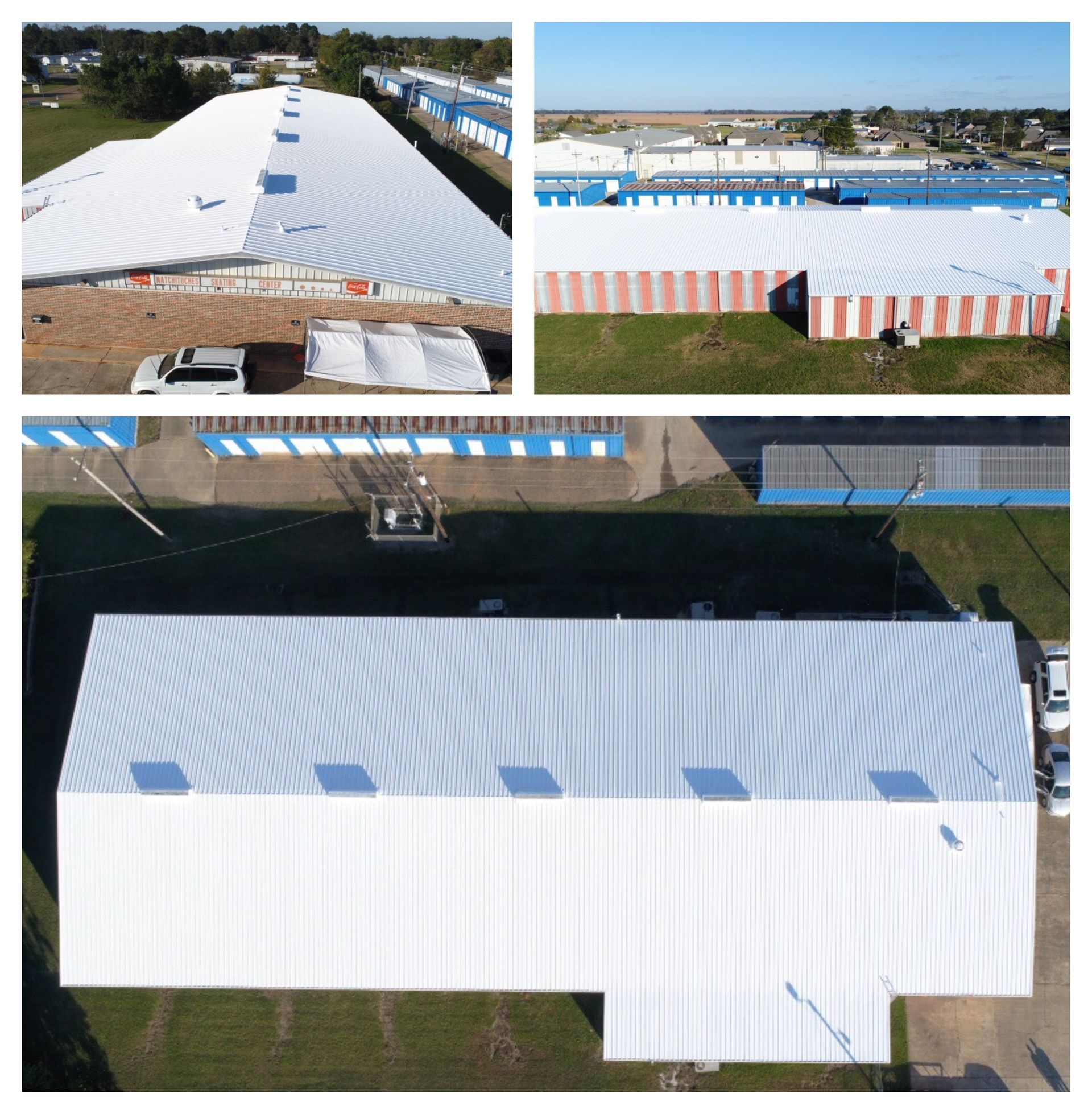 A collage of pictures of a building with a white roof