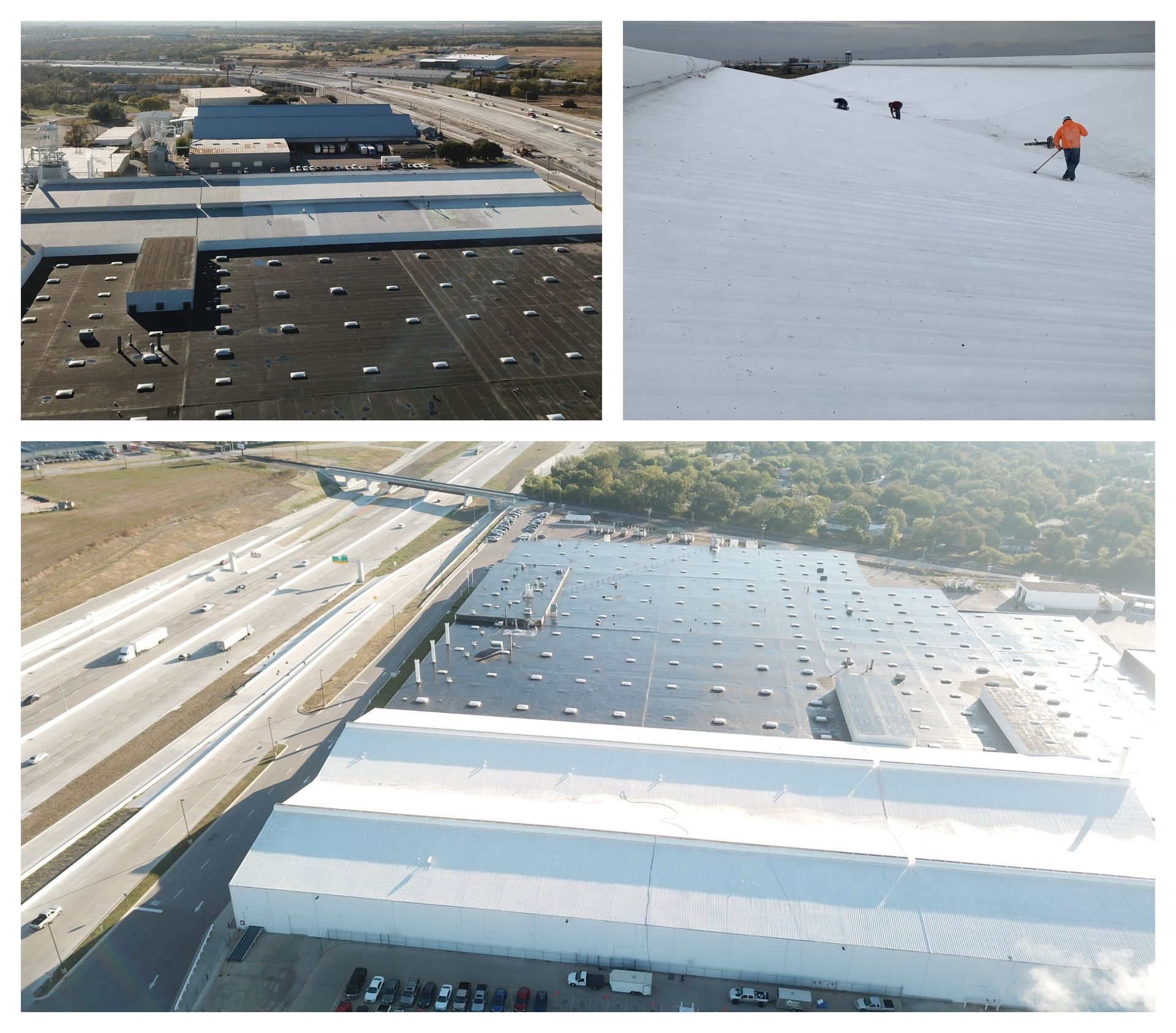 An aerial view of a building with a white roof