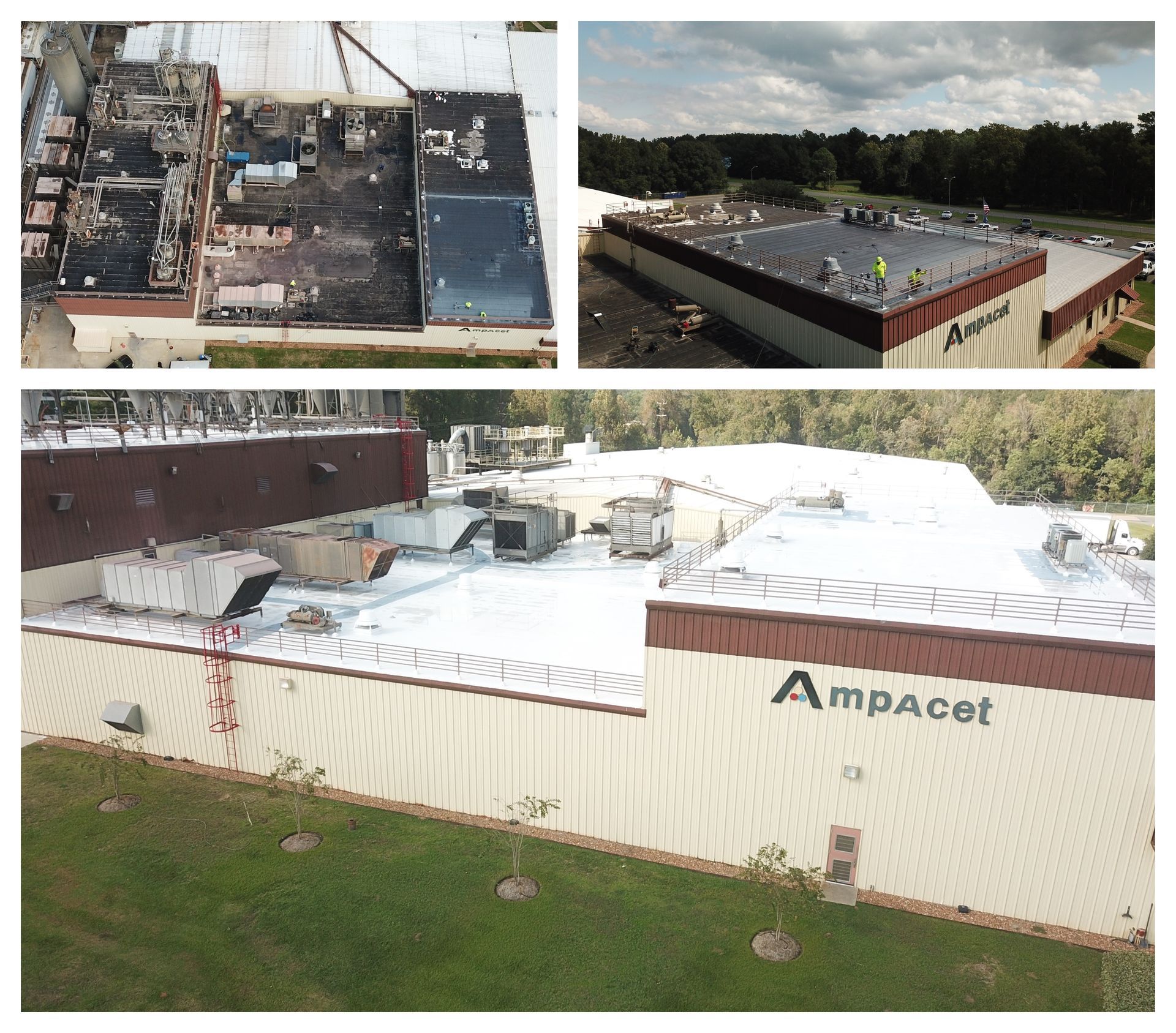 A collage of three pictures of a building that says ampacel