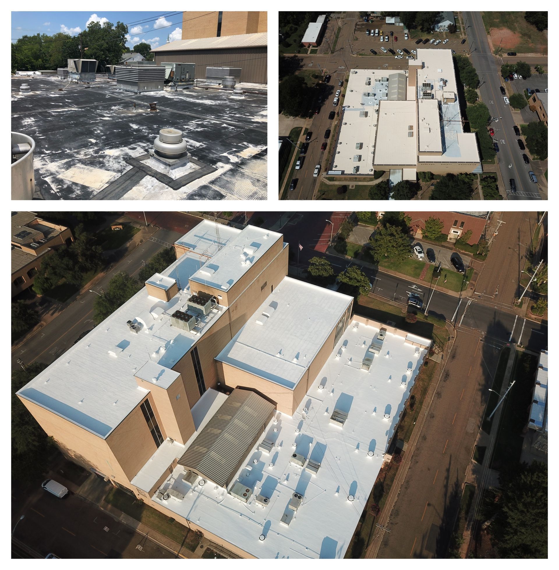 An aerial view of a building with a white roof