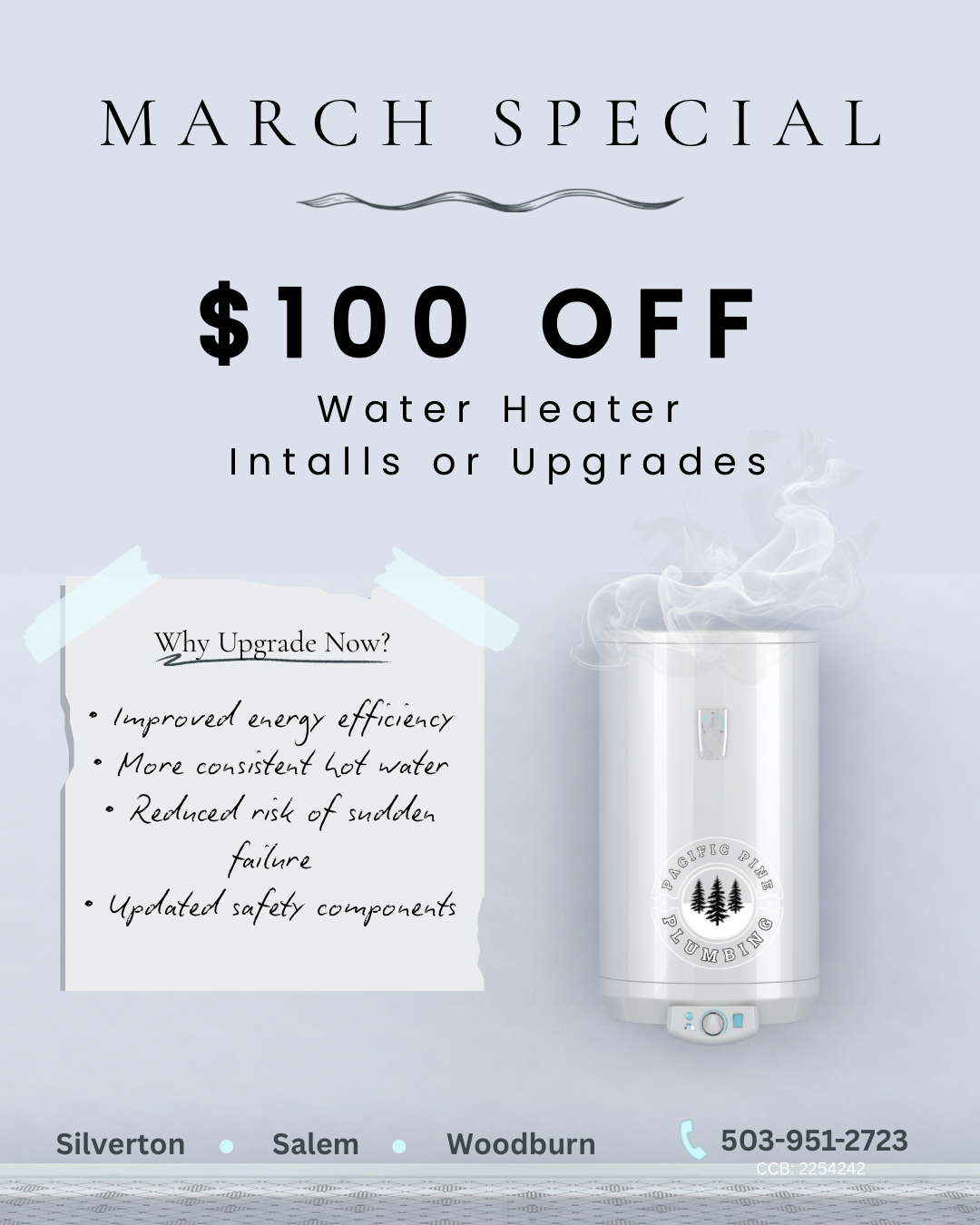 Love letter from Pacific Pine Plumbing; offers 14% off services in February.