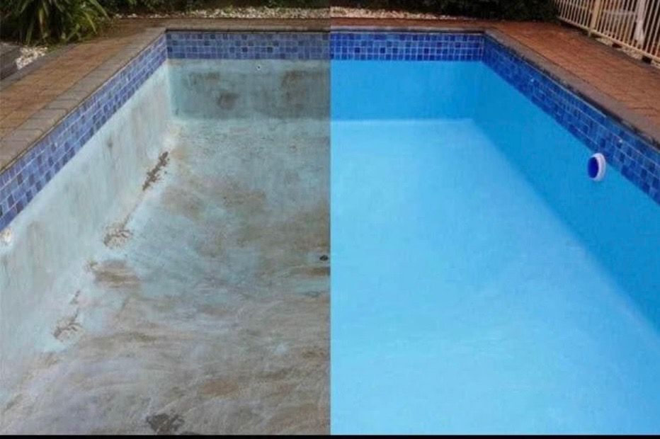 A before and after picture of a swimming pool that has been painted blue.