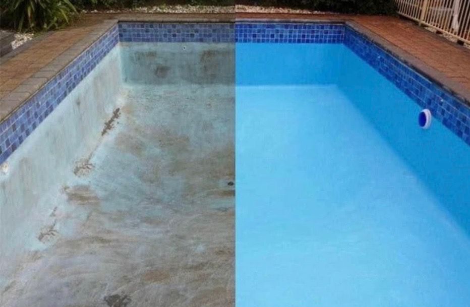 A before and after picture of a swimming pool that has been painted blue.