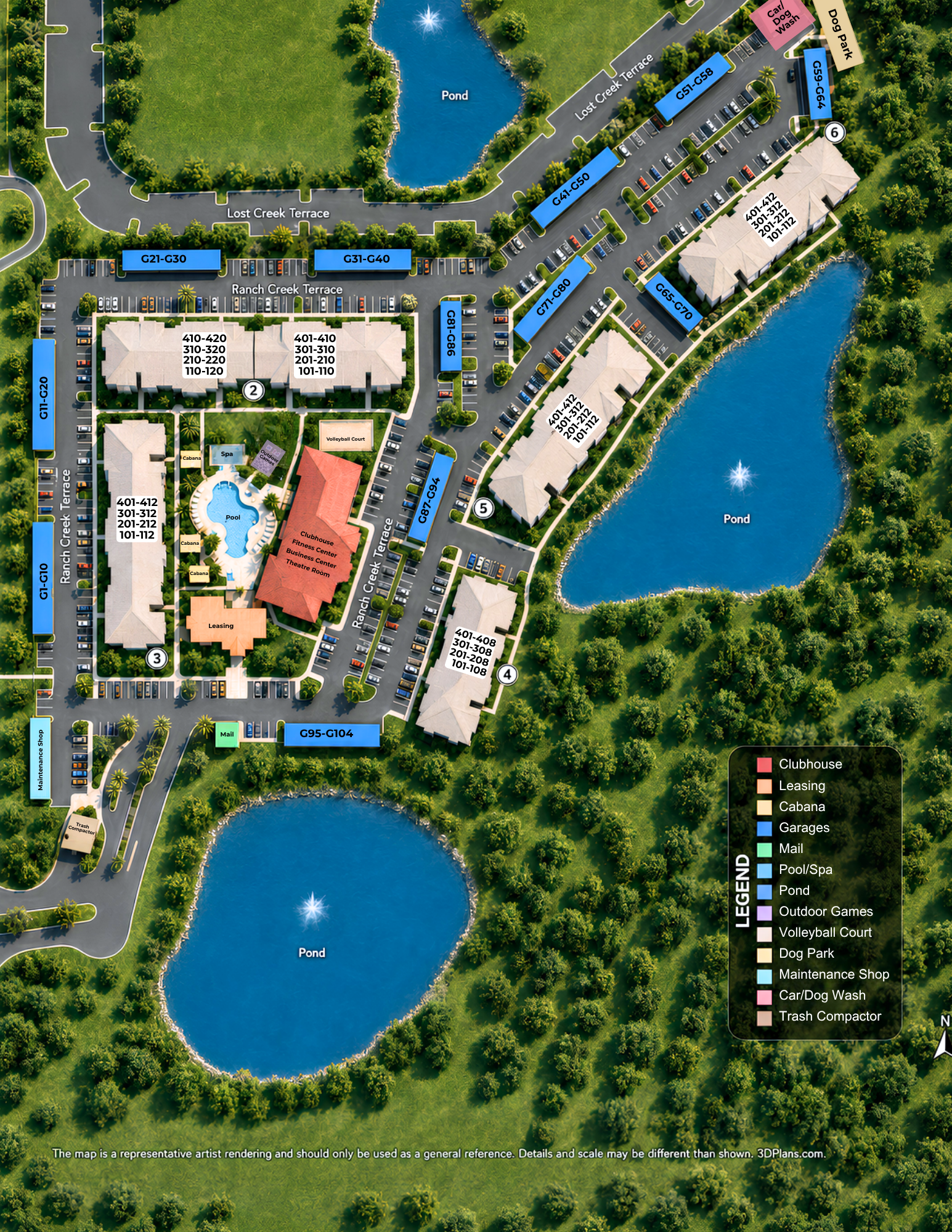 Aerial view of a resort with pools, parking lots, and surrounding trees beside blue lakes.