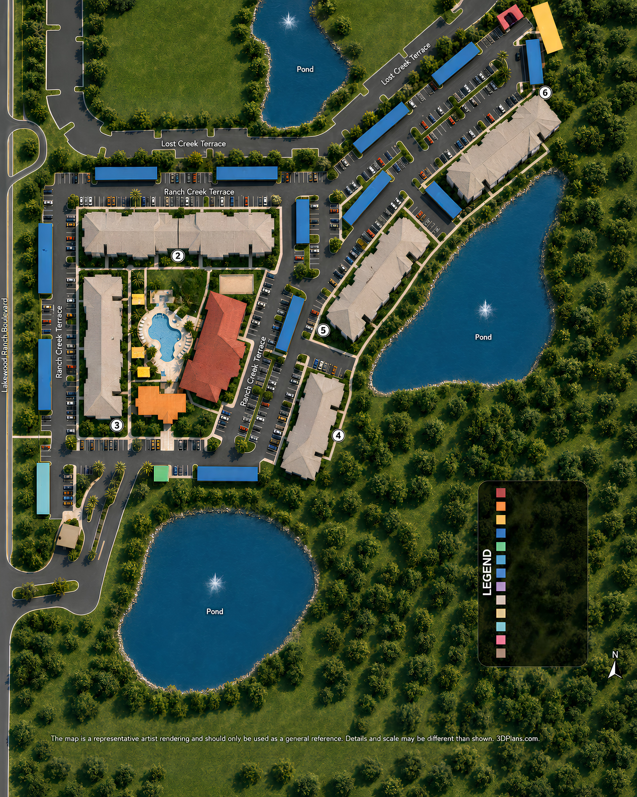 Aerial view of a resort with pools, parking lots, and surrounding trees beside blue lakes.
