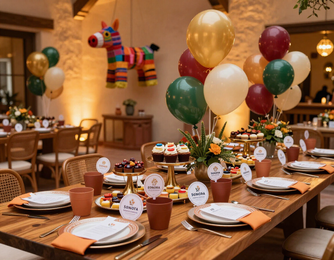 Mesa profesional de evento con dulces, globos y toppers personalizados