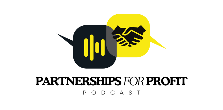 A logo for partnerships for profit podcast with two hands shaking