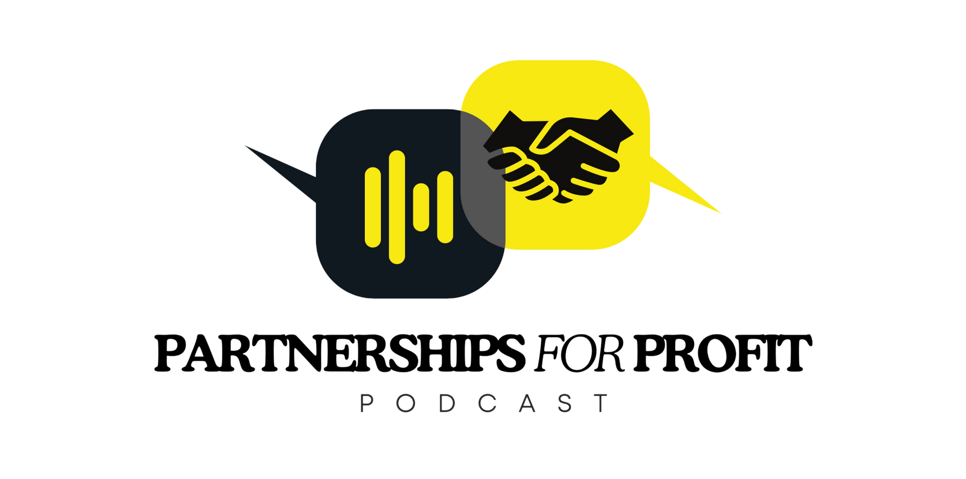 A logo for partnerships for profit podcast with a handshake and a speech bubble.