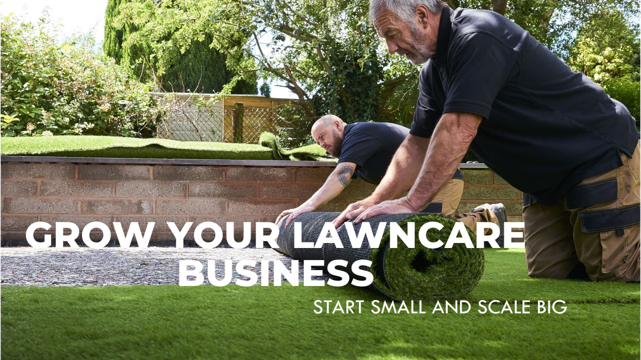 Two men are working on a lawn in a garden.