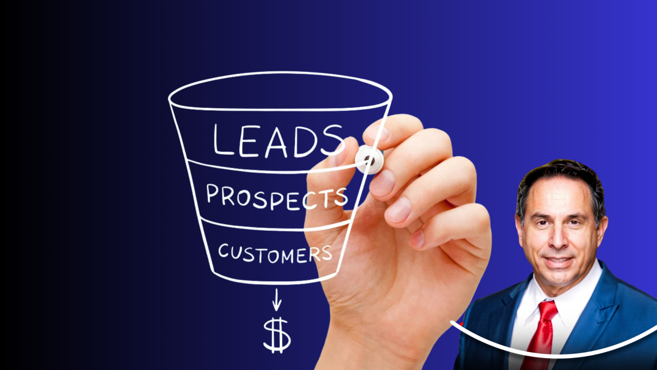 A hand is drawing a sales funnel with leads prospects and customers