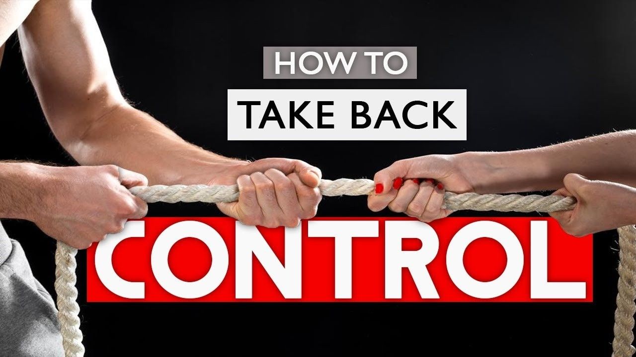 A man and a woman are pulling a rope in front of a sign that says `` how to take back control ''.
