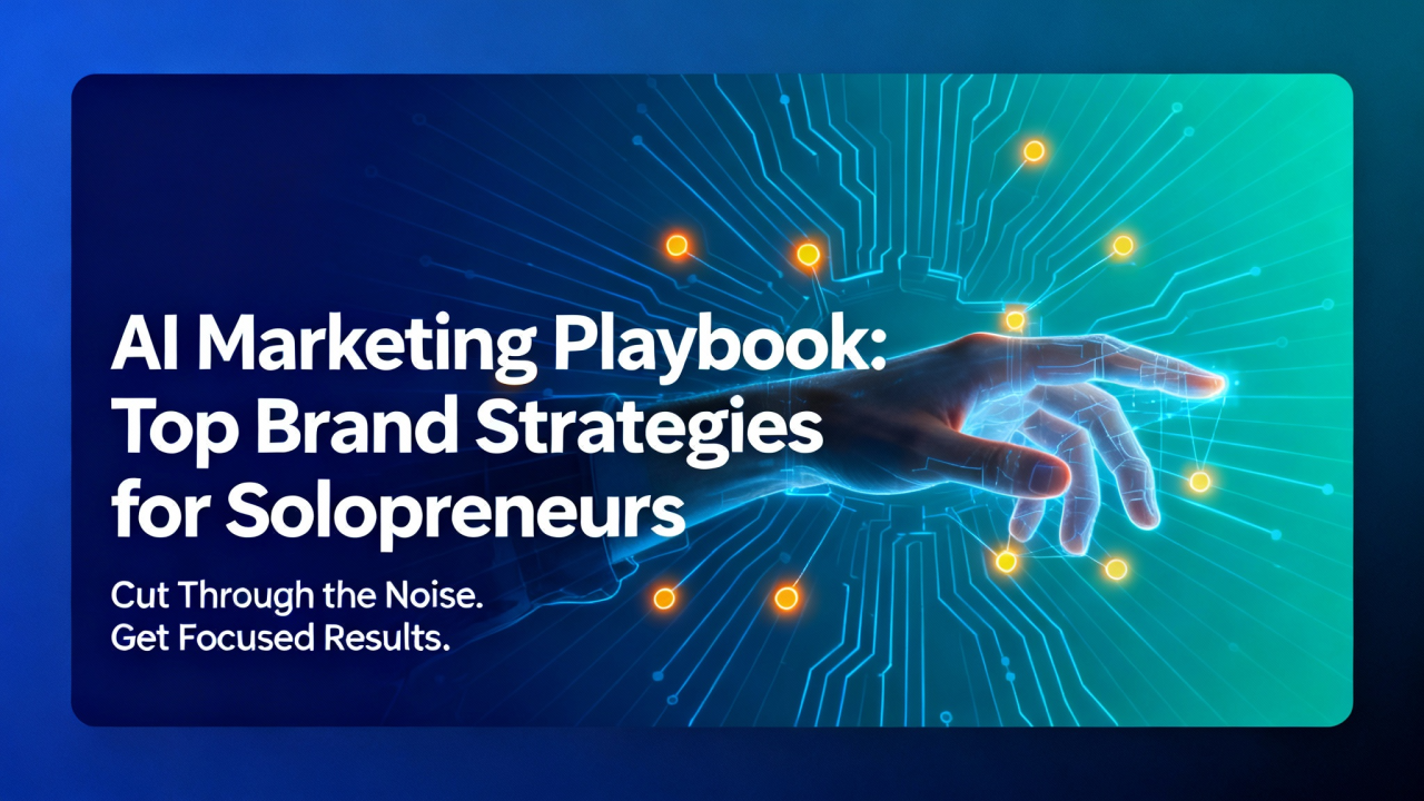 Hand touching a glowing circuit board, promoting AI marketing strategies for solopreneurs.