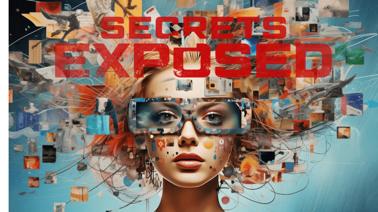 Woman with glasses, surrounded by abstract images; text