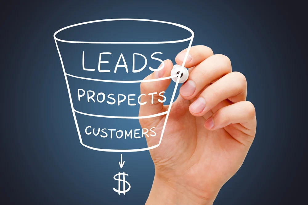 Hand drawing a sales funnel with the words