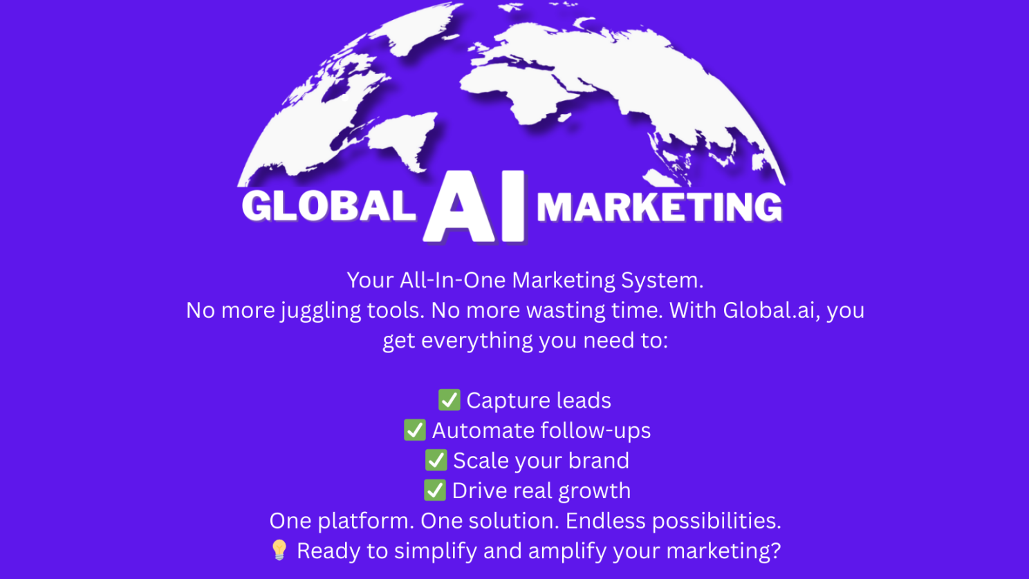 Purple ad for Global AI Marketing, featuring a globe graphic and a list of marketing features.