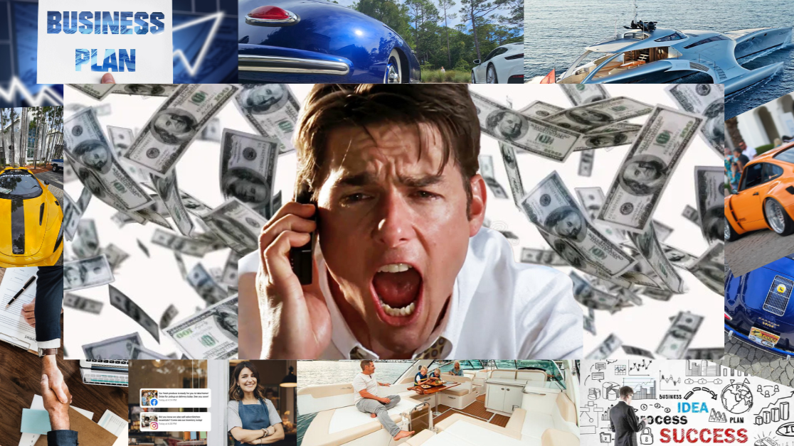 Man yelling on the phone, surrounded by falling money and images of cars, a business plan, and success.