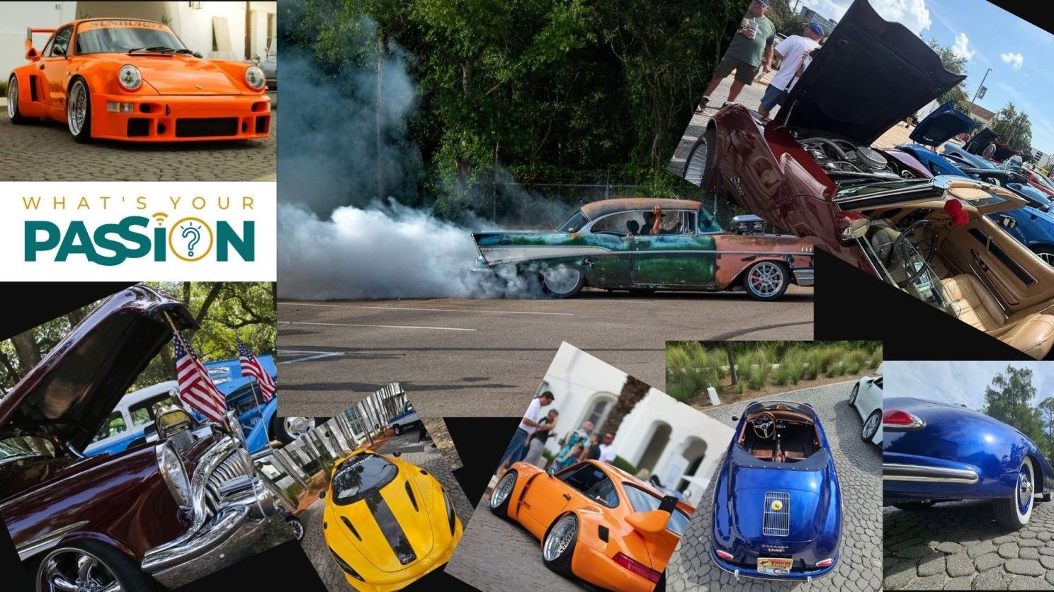 Collage of various classic and sports cars, showcasing a car show, with one car doing a burnout.