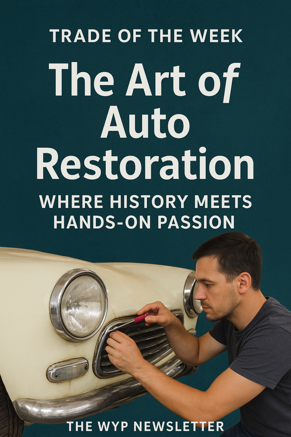 Man restoring vintage car. Text: