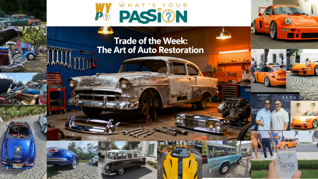 Trade of the Week: Auto restoration. A weathered classic car in a garage surrounded by restored and modern cars.