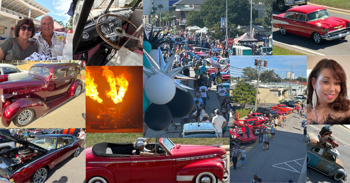 Collage: car show with classic cars, people, and balloons. Includes close-ups of cars, people, and a fiery water scene.