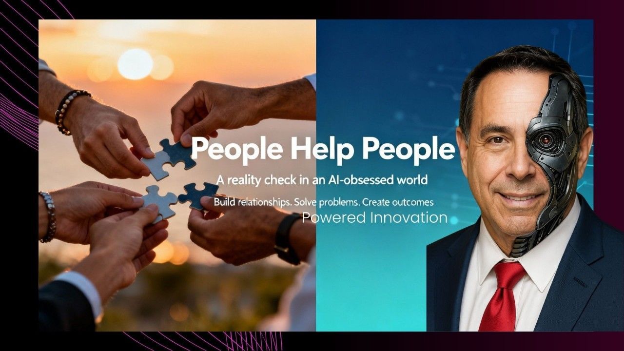 Hands assembling puzzle pieces; man with cyborg face beside text: