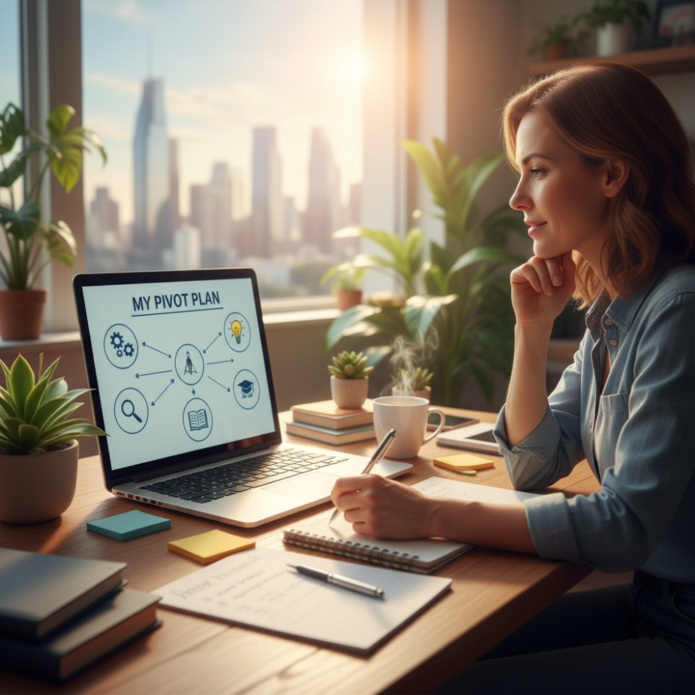 Woman working on a laptop at a desk, looking at a pivot plan diagram with city view.