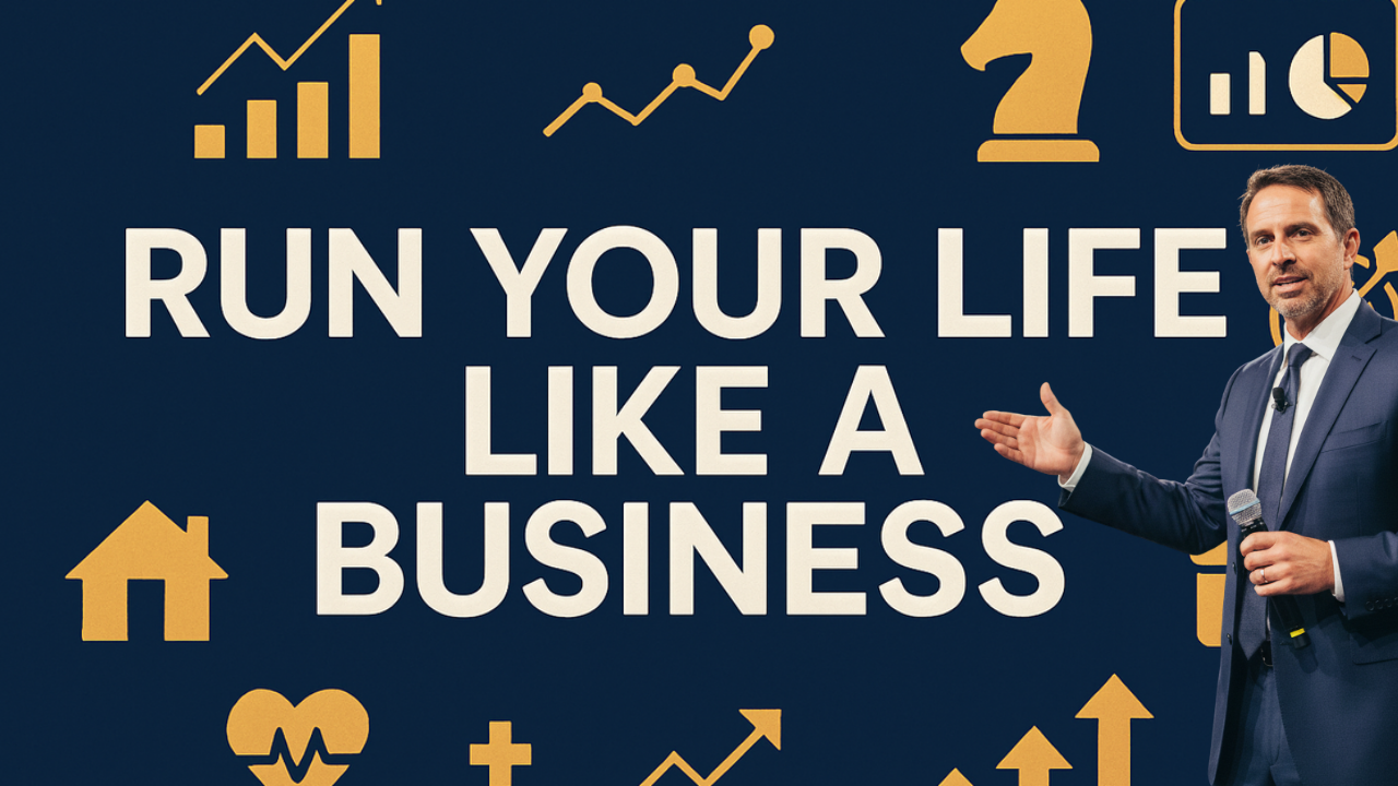 Man in suit gestures at text 