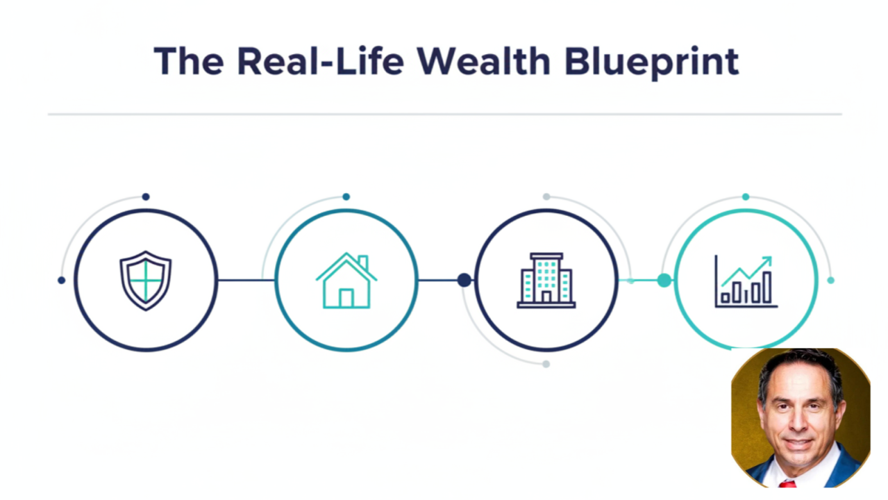 Diagram showing steps of wealth building: security, home, property, investment growth. Man in lower right.