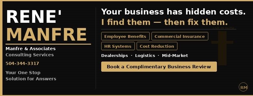 Business card for Rene' Manfre, offering consulting services to identify and fix business costs, with contact information.