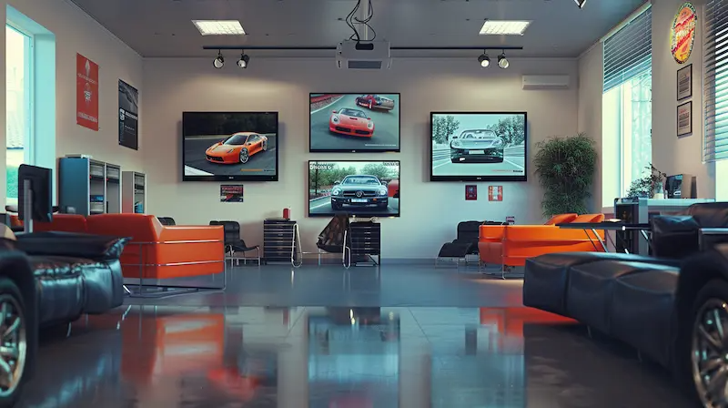 A modern showroom features lounge seating and four wall-mounted screens displaying sports cars.