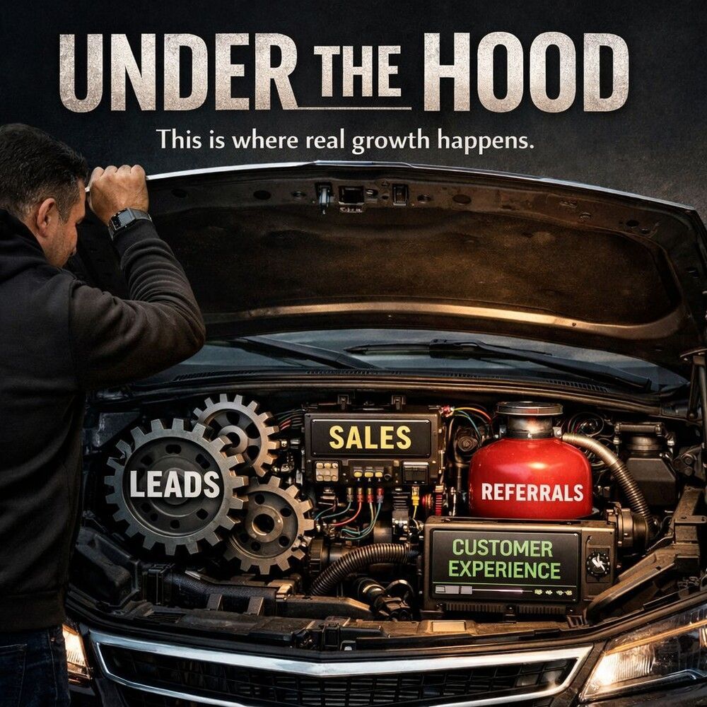 A person looks into an open car hood where gears and components labeled Leads, Sales, Referrals, and Customer Experience.