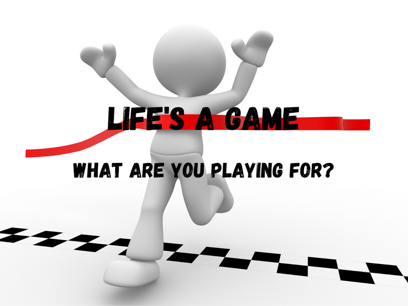 A white 3D figure crosses a finish line with arms raised. Text reads: