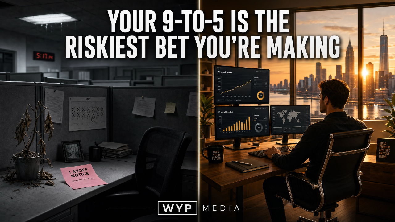 Split-screen home office and trader setup with text: “Your 9-to-5 is the riskiest bet you’re making.”