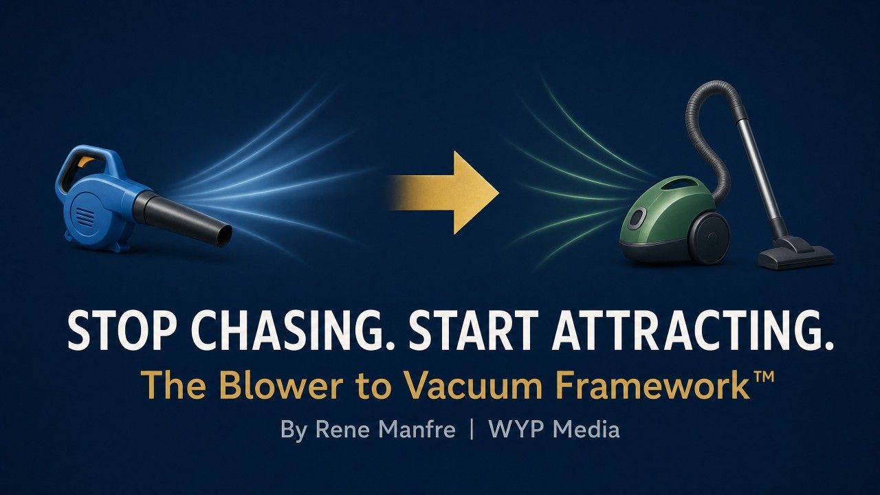Blue blower pointing to green vacuum with arrow; text: “Stop chasing, start attracting. The blower to vacuum framework.”