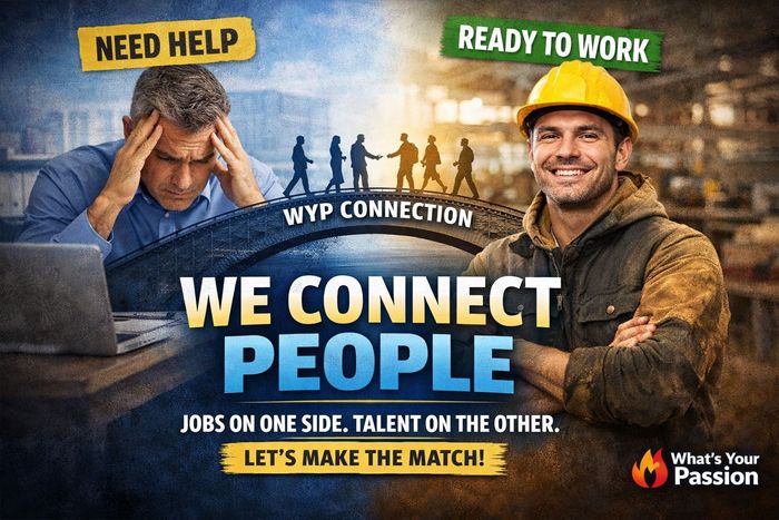 WYP Connection ad with a stressed worker and a smiling worker, text: “We connect people” and “Need help/Ready to work”