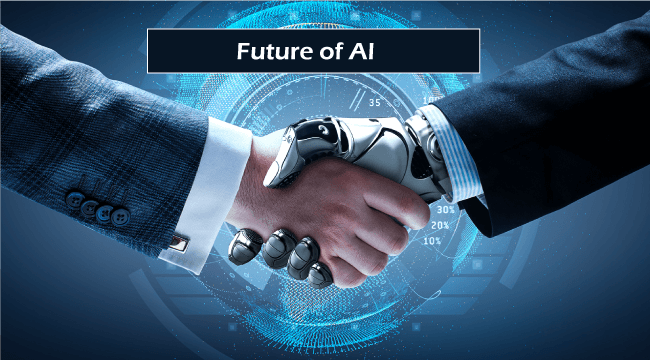 A man and a robot are shaking hands in front of a futuristic background.