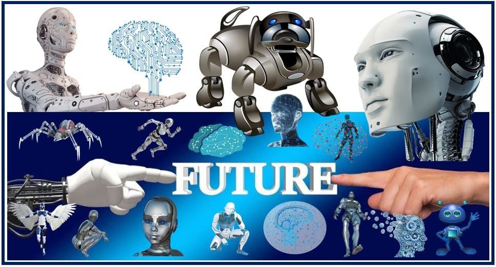 A hand pointing at a robot and the word future