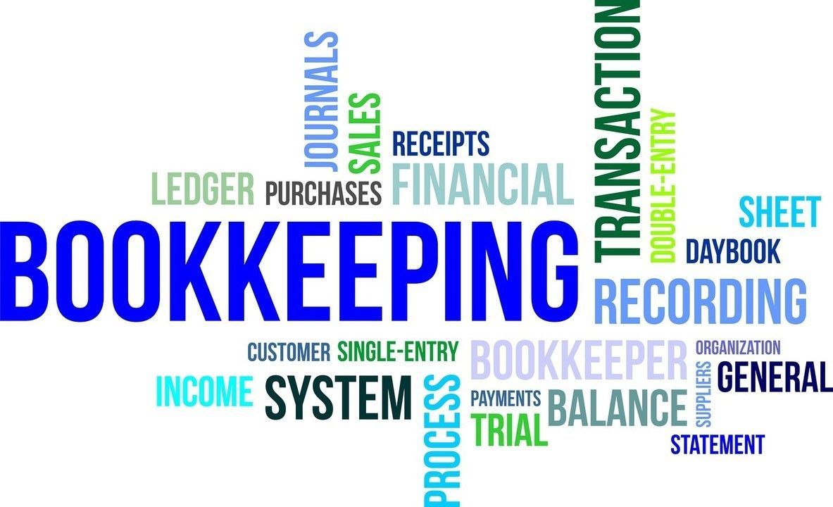 A word cloud with the word bookkeeping recording in the middle