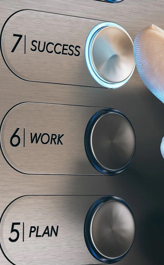 A person is pressing a button that says 7 success 6 work and 5 plan