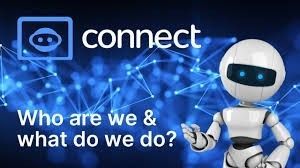 A robot is standing in front of a connect logo.