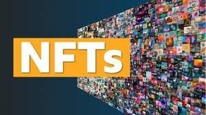 The word nfts is on a wall with a lot of pictures on it.