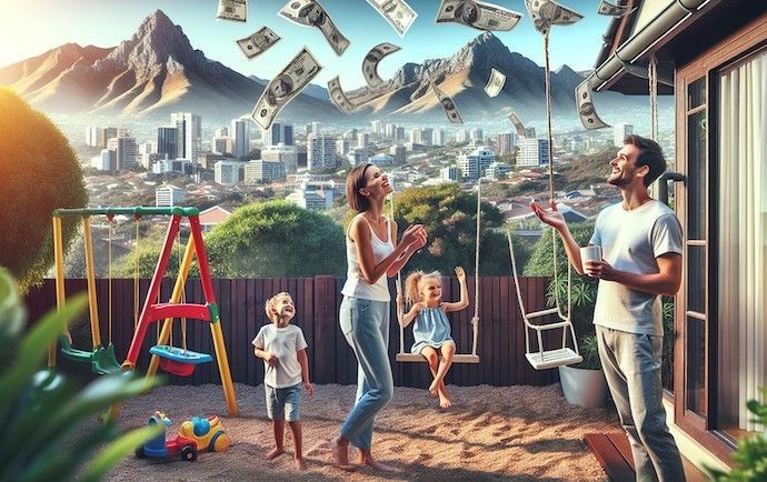 A family is standing on a patio with money falling from the roof.