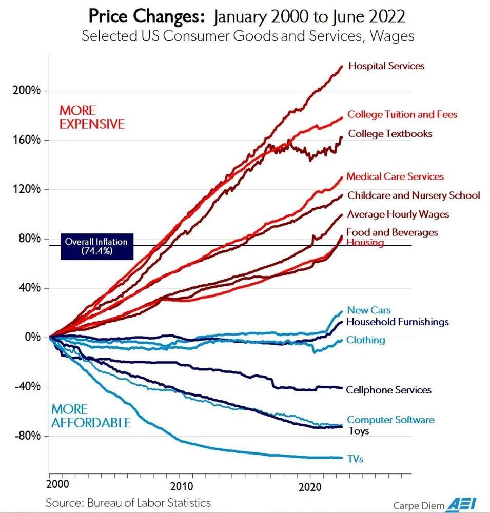 Line graph comparing price changes from 2000-2022. Services like hospital and tuition rose; electronics, clothing decreased.