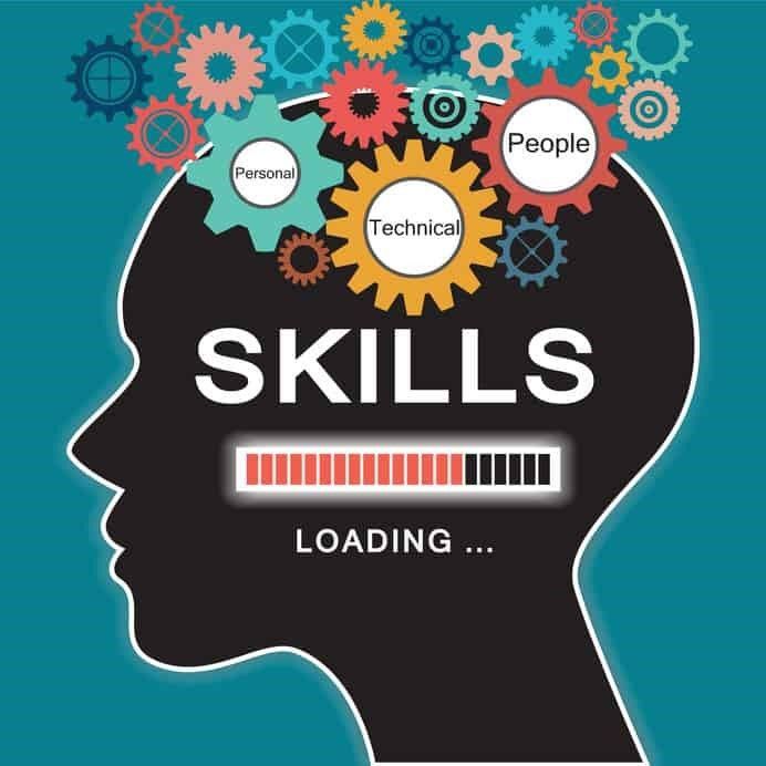 An illustration of a head with gears and the words skills loading