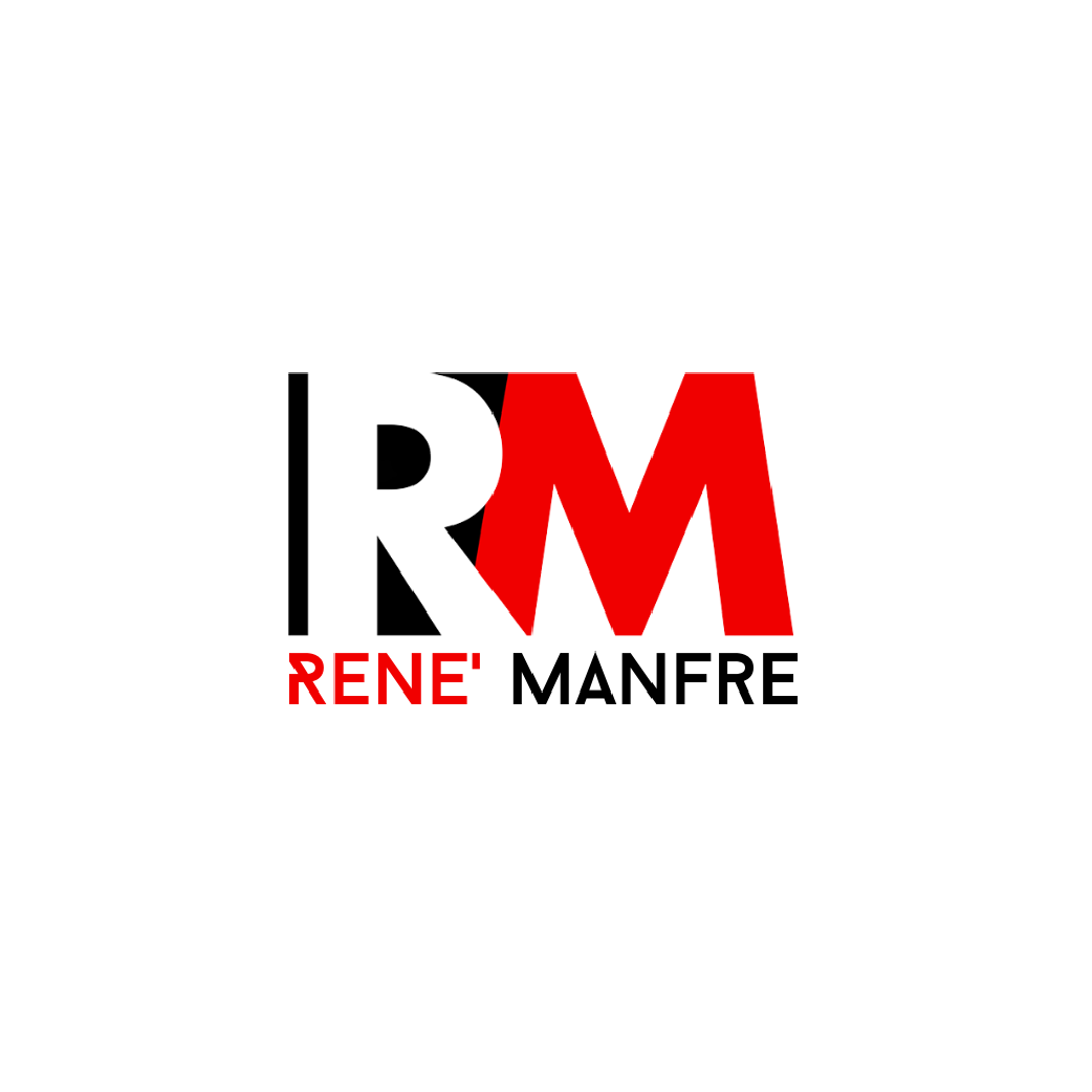 A red and black logo for rene manfre