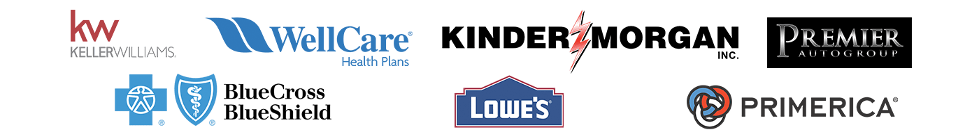 Logos of several companies including Keller Williams, WellCare, Kinder Morgan, Primerica, Blue Cross Blue Shield, and Lowe's.