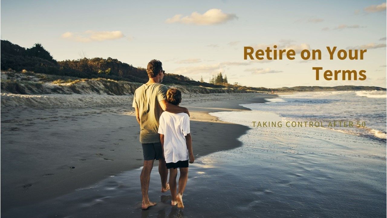 A man and a child standing on a beach with the words 