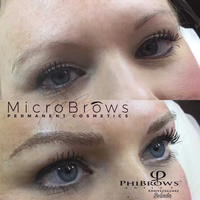 A before and after photo of a woman 's eyebrows by microbrows permanent cosmetics