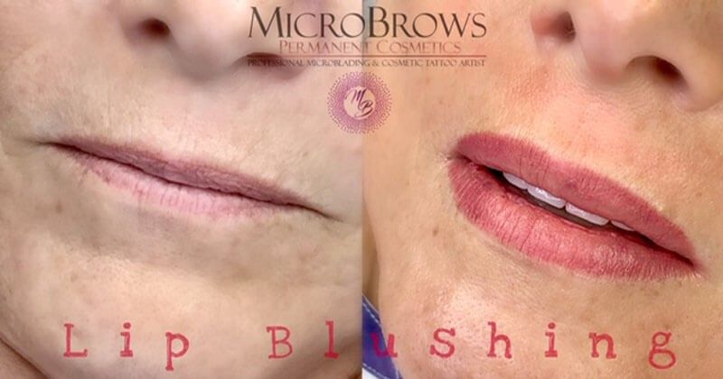 A before and after photo of a woman 's lips with lip blush.