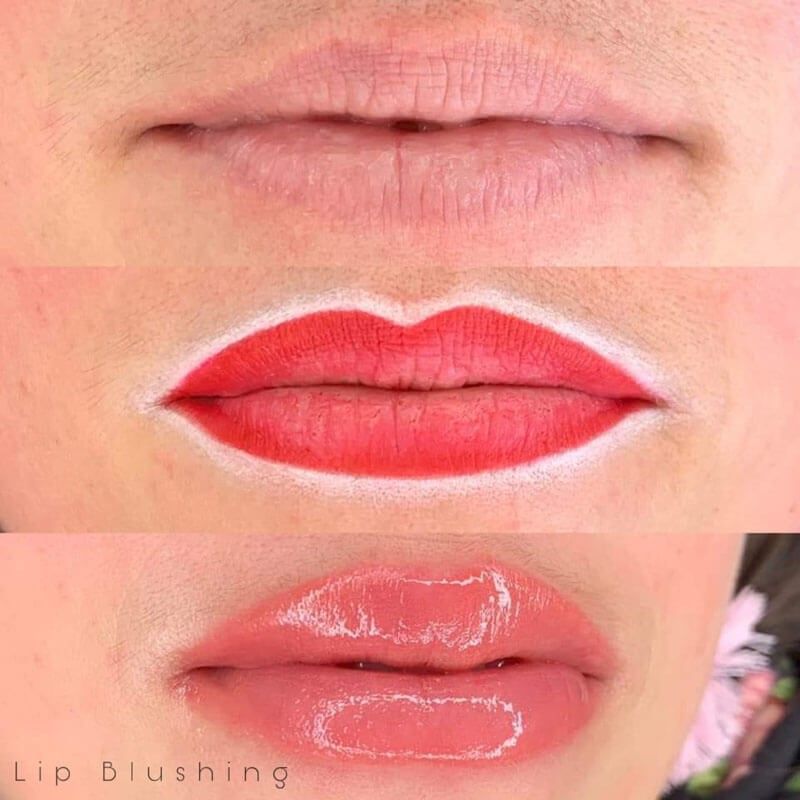 A close up of a woman 's lips before and after lip blushing.